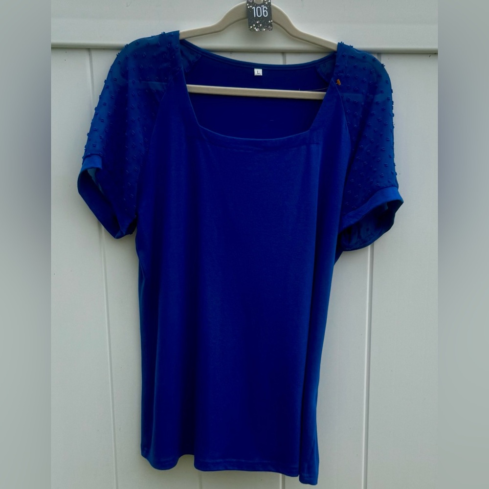 Women’s Short Sleeve Blue Blouse With Sheer Raglan Sleeves, Size Large, NWOT